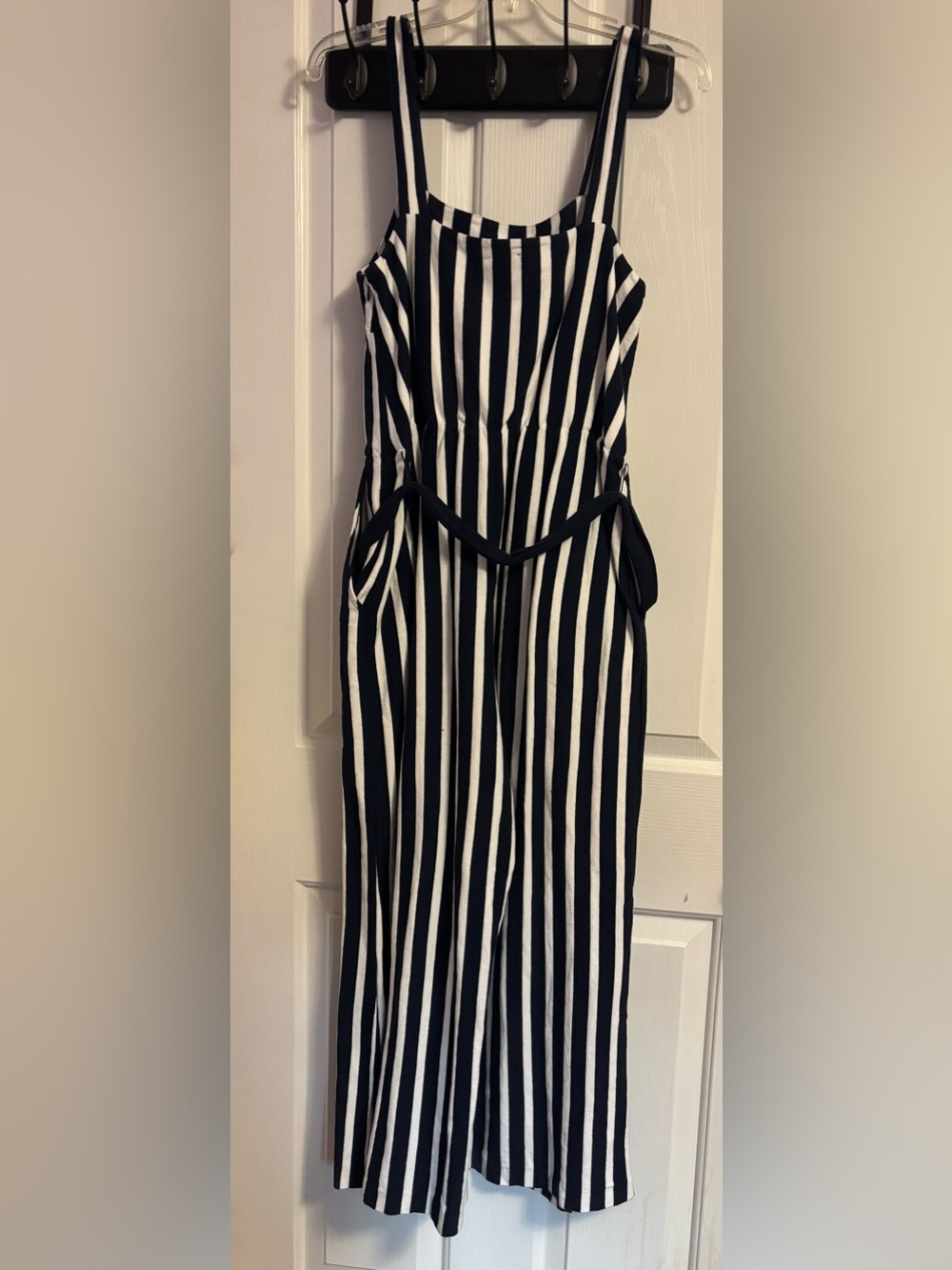 Striped Navy and White Sleeveless Jumpsuit with Waist Tie